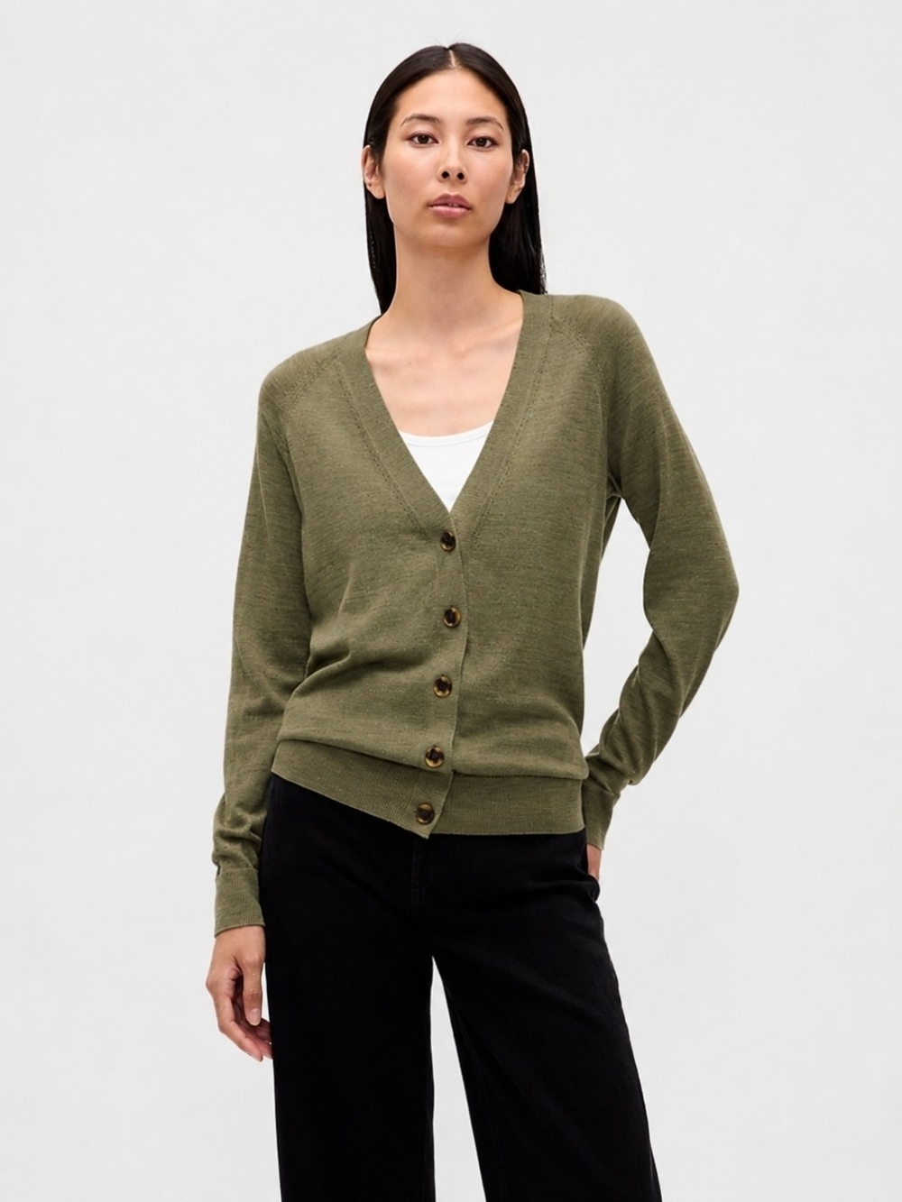 GAP Size S 100% Merino Wool Olive V-Neck Button-Front Cardigan